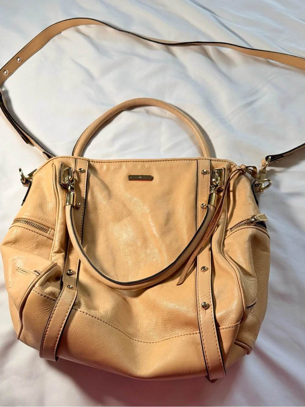 Rebecca Minkoff MAB Satchel Beige Leather Studded Gold Hardware Crossbody⁠